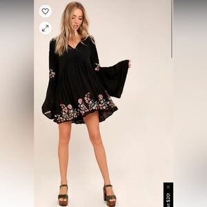 Free People Te Amo Flared Sleeve Mini Dress Black Floral Embroidered Oversized